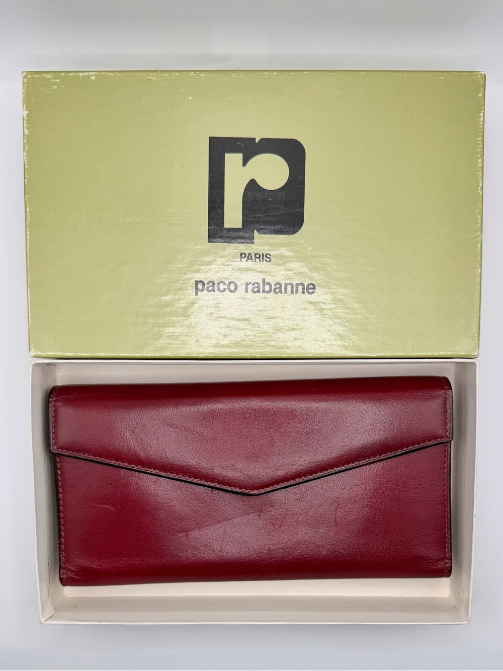 Vintage Paco Rabanne Paris Burgundy Leather Envelope Wallet NIB